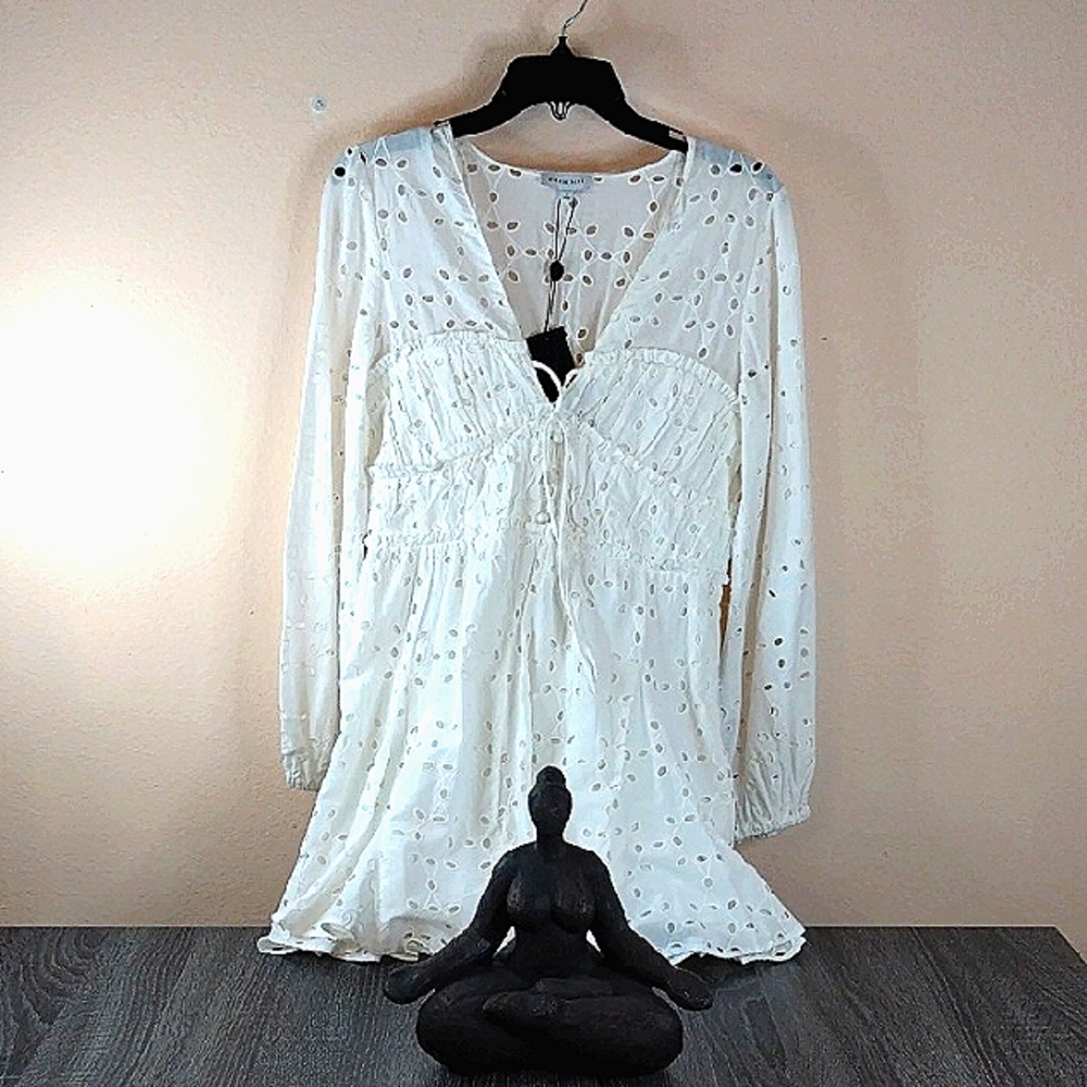 Gianni Bini S White Eyelet Lined Long Sleeve Tunic Dress Mini 100 Cotton  Zipper